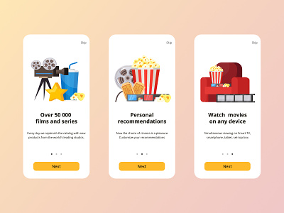 Onboarding screens for an online cinema app cinema design illustration mobile movie onboarding screen uxui welcome screens кинотеатр онбординг