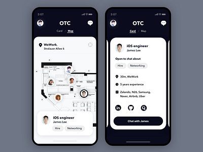 OTC, mobile, Open To Chat app black card coworking design freelance hire map mobile profile simple ui user interface wework white