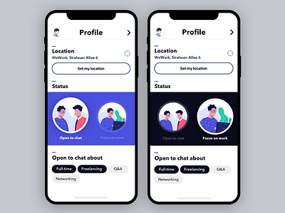 OTC, mobile, Open To Chat app black chat color coworking design freelance illust illustration laptop mobile profile simple status ui user interface ux wework white working