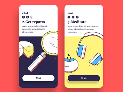 ReadMind, mobile, onboarding app candle color design graph hand drawing headset health howitworks illust illustration intro meditate mental mobile onboarding readmind ui user interface yellow