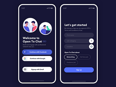 OTC, open to chat, mobile, register app blackui business design expert illustration login networking opentochat otc register signup simple ui user interface welcome