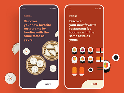 Misikga, Foodie Ranks, Mobile app color dumpling food foodie graphic illustration intro kimbap mobile onboarding restaurant sushi ui