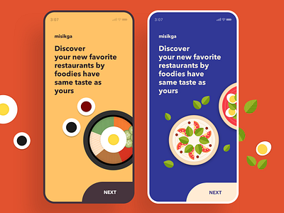 Foodie mobile onboarding bibimbap blue color food foodie graphic illustration misikga mobile onboarding pizza restaurant ui yellow