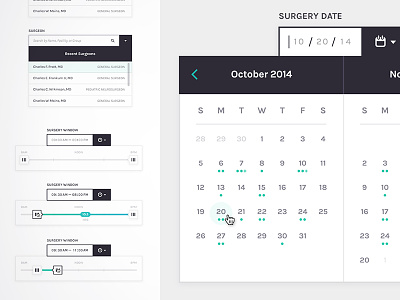 Medical Startup Components Style Guide calendar interface medical results search slider surgery ui