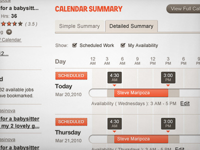 Calendar Summary button calendar chart checkbox schedule ui web