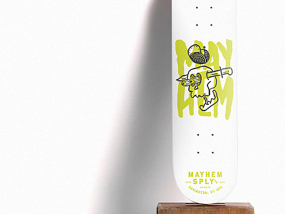 Mayhem Deck deck graphic design green grey illustration screen printing skateboard skull trucker hat