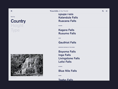 Waterfalls Of The World detail detail page grid index landing list list page typography ui uiux user experience user interface waterfalls yosemite