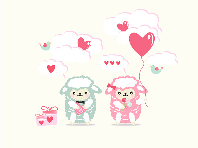 lambs in love in pink clouds cloud cute design gift illustration lambs love pink poster sheeps vector