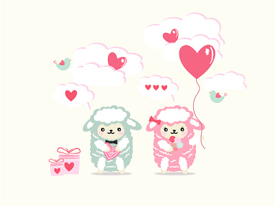 lambs in love in pink clouds