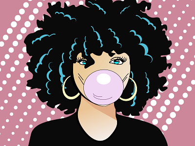 Curly girl with chewing gum pop art style