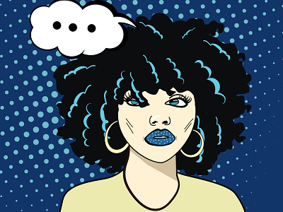 Curly girl in headphones and thoughts in pop art style bewilderment blue character comic curly design earrings emotions face girl hair illustration peep people pop art think thoughts vector women