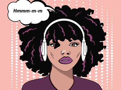 Curly girl in headphones and thoughts in pop art style