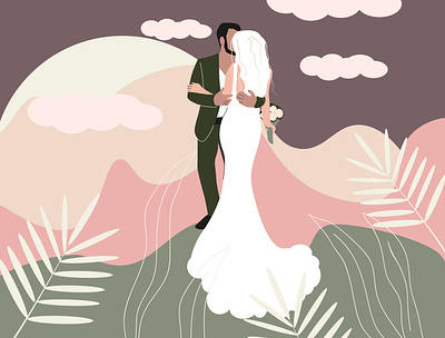couple in love in the bosom of nature happy in festive attire br bride clouds dance design feelings groom illustration love lovers nature newlyweds poster romance vector wedding women