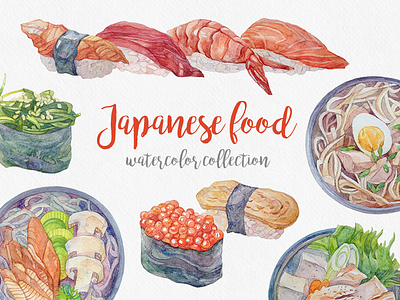 Japanese food. Watercolor collection illustration japanese menu restaurant roll seafood sushi watercolor