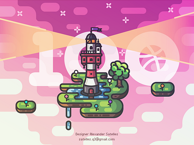 Dribbble 100+ Followers Anniversary 2d creative followers illustration island lighthouse line art tree