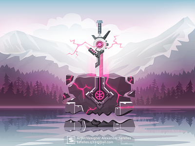 Dribbble's invites (finished) invite landscape mountains sci fi sword vector
