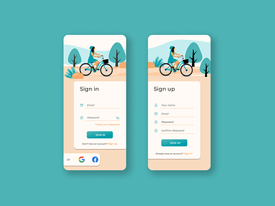 DailyUI #001 - Mobile Sign in Sign up 001 application blue cycling cycling illustration daily challenge dailyui figma illustration mobile mobile sign in mobile sign up orange sign in sign up ui