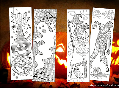 Halloween Coloring Bookmarks animal animalzentangle blackcat coloringbookmarks design etsy halloween zendoodle zentangle