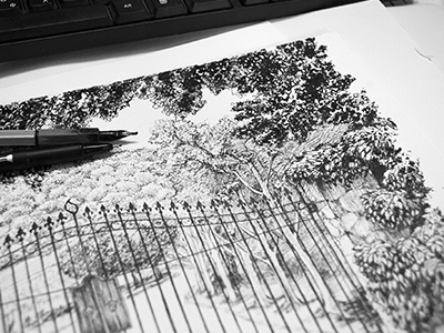 Ink illustration bushes gate illustration ink trees