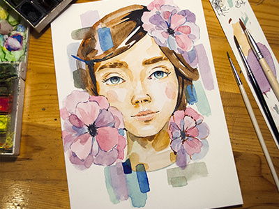 The one with the flowers - watercolor face flower girl illustration pink pretty watercolor