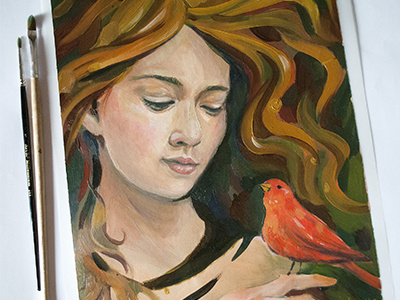 She and the bird bird girl oilpainting