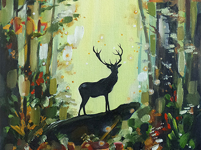 Oil painting art colors deer forest magical nature oil painting
