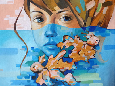 A look through the sea blue fishes girl golden look oil painting sea