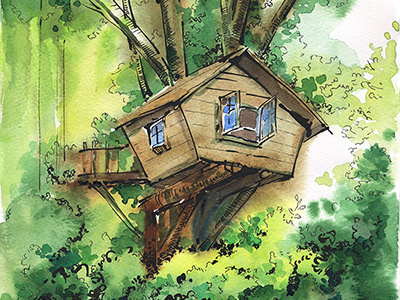 Tree house color green house illustration ink nature tree watercolor