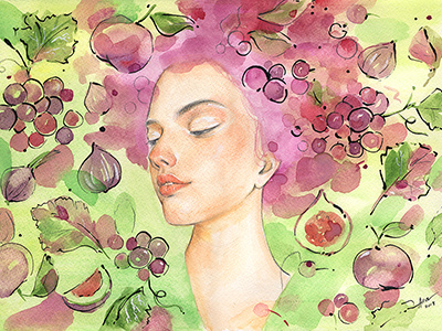 Girl in purple colorful fresh fruits girl grape green ink inspiration pencil purple traditional watercolor