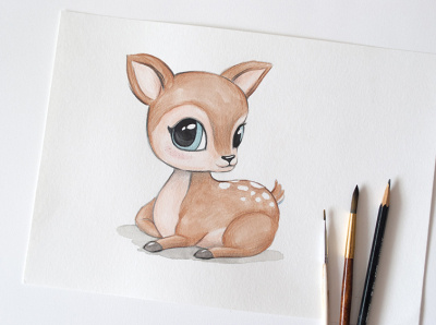 Cute deer illustration childrens illustration color pencil cute deer illustration painting roe deer watercolor