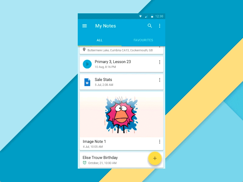 Notes App action android app blue button floating action material material design notes notes app principle yellow