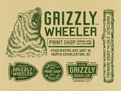Grizzly Wheeler Lockups badge branding design grizzly wheeler illustration logo texture travis pietsch vintage woodcut