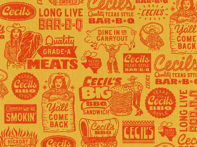 Cecil's Brand Elements (1/4) badge bbq branding cowboy design graphic design illustration logo logos pattern restuarant resturant retro texas travis pietsch vintage western woodcut