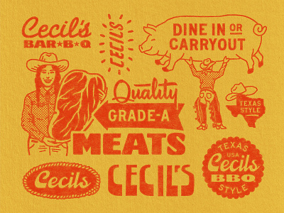 Cecil's Brand Elements (2/4) badge bbq branding cowboy design graphic design illustration logo pig resturant texas travis pietsch vintage woodcut