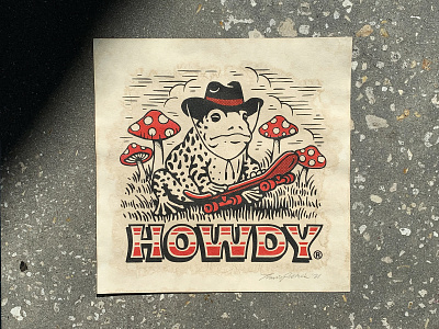 Howdy Riso Print artwork design frog graphic design howdy illustration mushroom print print design retro riso risograph skateboard texture travis pietsch vintage woodcut