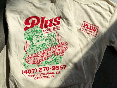 Plus Skateshop Tee badge branding design graphic design illustration logo pizza pizza box plus retro skate skateboard skateshop tee travis pietsch tshirt vintage woodcut