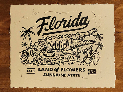 Florida Linocut aligator badge design gator graphic design illustration lino print linocut logo palm tree print making prints stamp texture travis pietsch vintage woodcut
