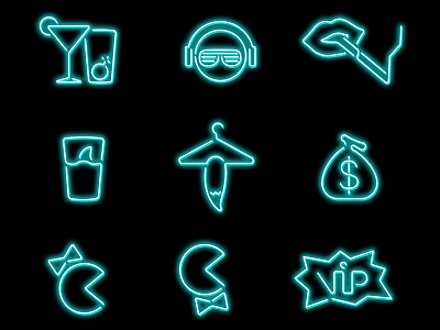 Nightclub Signage Icons bar blue club dj glow icon system iconic iconography icons lights logo lounge neon nightclub pictogram signageicon turquoise way finding