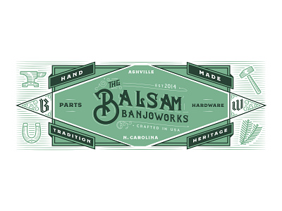 Balsam Banjoworks Website Header 1920s america anvil balsam banjo banner clawhammer frail green hammer icons north carolina oldschool oldtimey pisgah pisgahbanjos sears usa