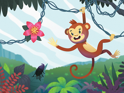 Animal illustration. Monkey animal bug bush cartoon children book cute illustration jungle monkey mountains