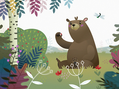 Animal illustration. Bear animal barry bear bush cartoon children book colorful cute forest graphic design illustration leaves nature summer tree wood