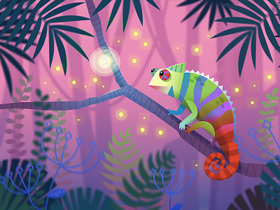 Animal illustration. Chameleon animal branch cartoon chameleon children book cute illustration jungle night pink tree