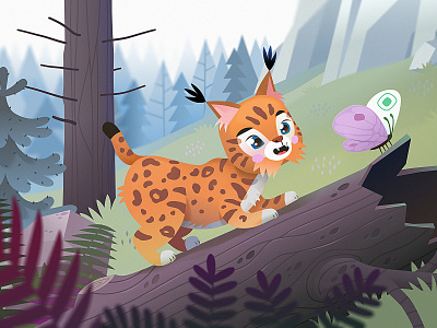 Animal illustration. Lynx animal butterfly cartoon cat children book cute field forest illustration log lynx mountains wood