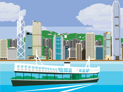 Hong Kong skyline buildings city digital artwork flat color hong kong illustration illustrator port ship skyline vector