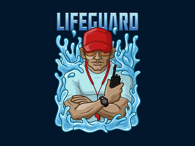 Lifeguard blue lifeguard muscle old guy red hat retro water