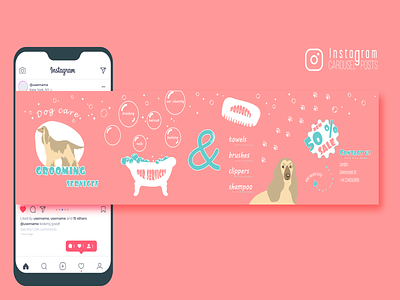 Seamless Instagram post advertising animals branding care cats contacts design dog funny graphic design grooming illustration like marketing pets products salon services style