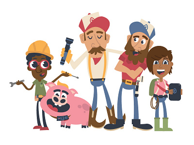 The Barn Bros + Crew barn bros character design farmers farmtalk flashlights hi tech illustration pig