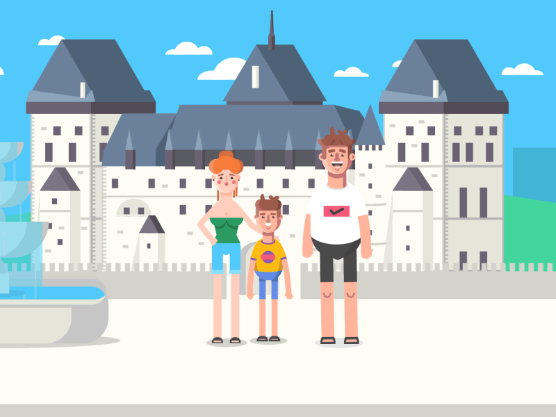 Family photo session camera foto photo fountain castle loop illustration animation gif family smile