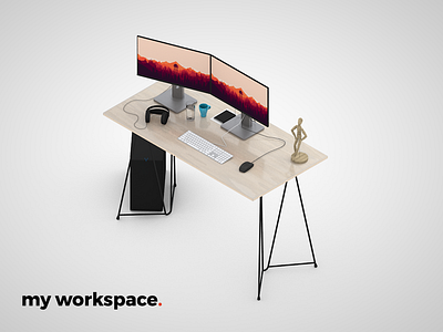 Workspace 3d computer cool design desk figure keyboard model monitor mouse pc work