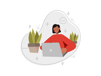 Woman is working on a laptop while sitting at home. branding colorful colours cute design finance flat freelance girl graphic design hand drawn icon illustration logo minimalistic ui vector